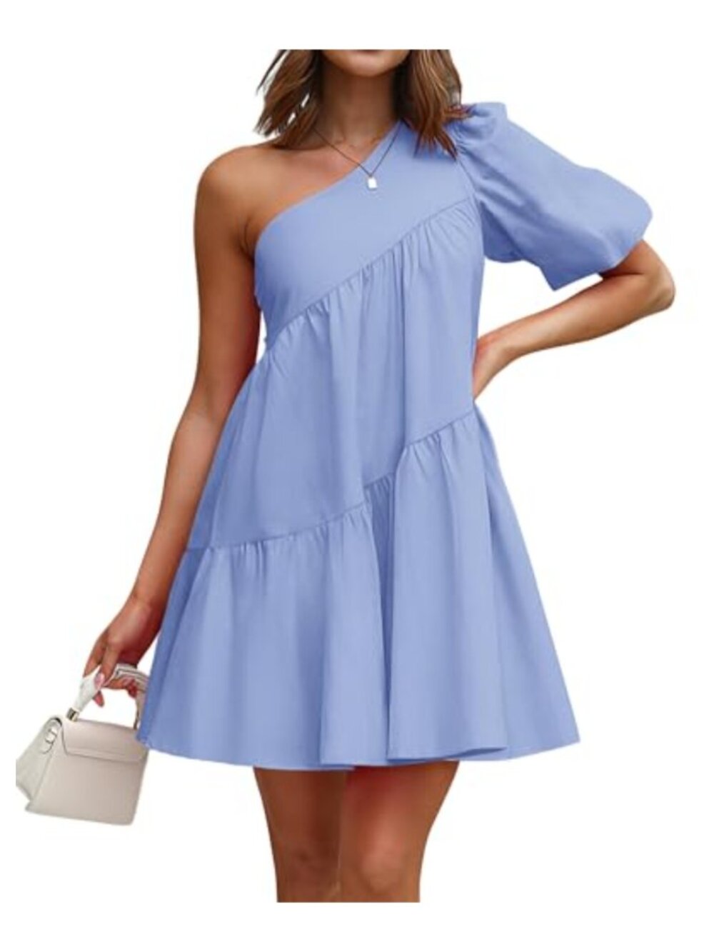 Womens One Shoulder Puff Sleeve Babydoll Mini Dress Tiered A Line Flowy